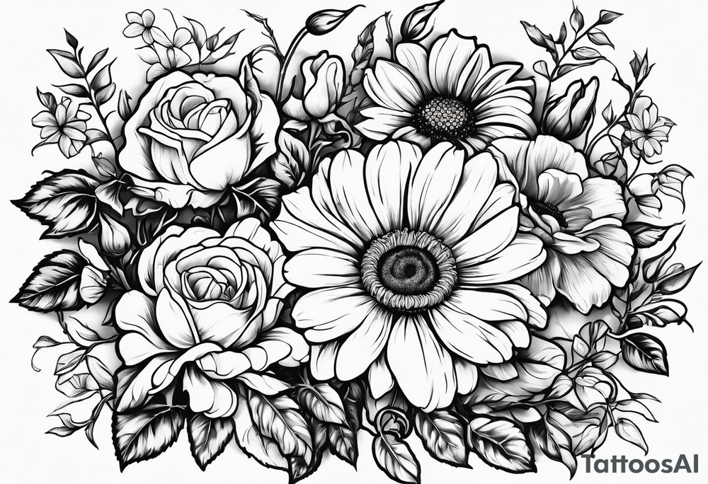 Roses, marigolds, cosmos, daisies, sweet peas and sunflowers vines tattoo idea