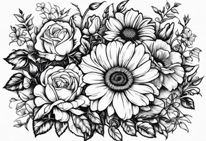 Roses, marigolds, cosmos, daisies, sweet peas and sunflowers vines tattoo idea