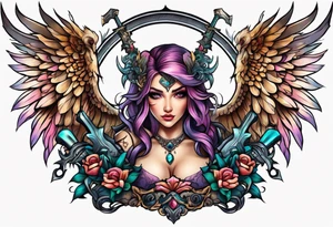 A feminine mythical creature holding a weapon tattoo idea