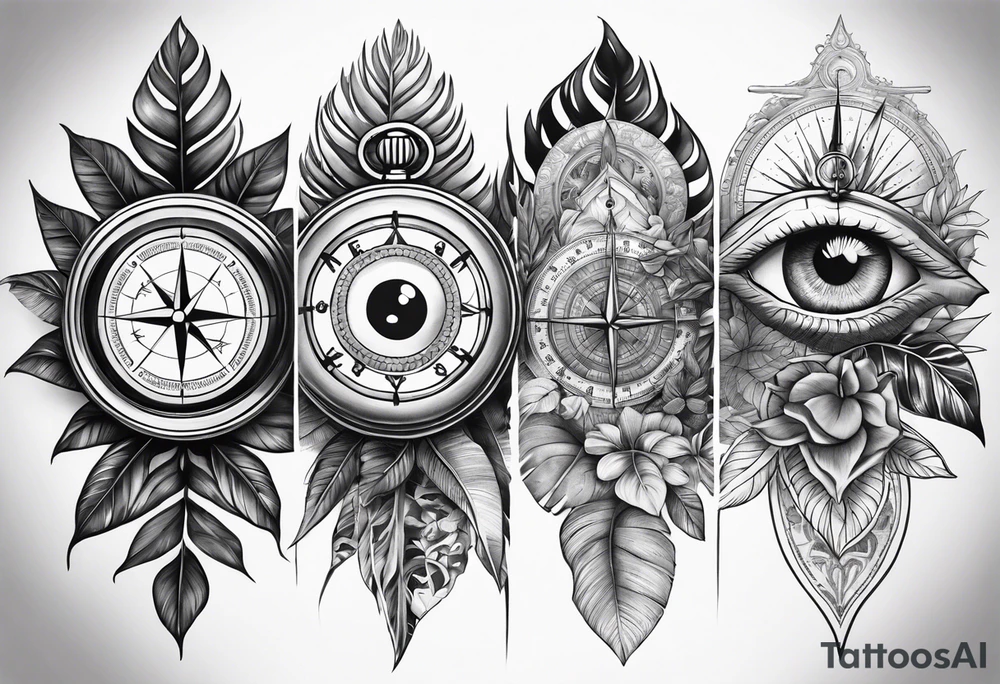 full sleeve tattoo, jungle plants, compass with eye inside compass tattoo idea
