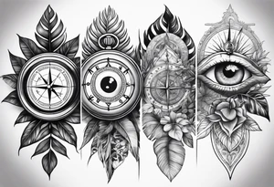 full sleeve tattoo, jungle plants, compass with eye inside compass tattoo idea