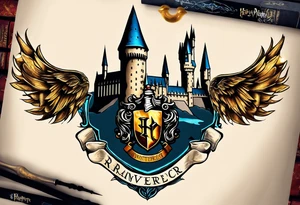 Harry Potter themed full sleeve. Include the Hogwarts castle, a golden snitch, and the Ravenclaw house crest tattoo idea