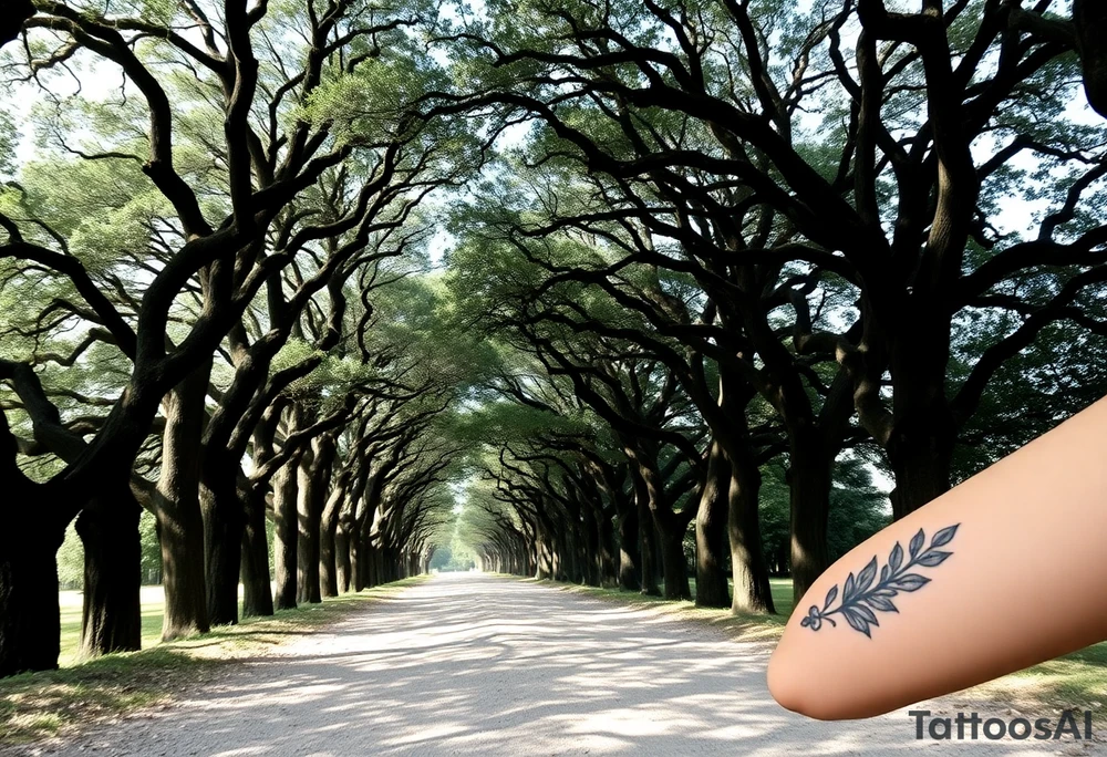 Tree lined dirt road. Road is rough, not smooth. Trees are oak, lining the road unevenly, tight so little light gets through. Branches arch across the road, some meeting in the middle. Dappled sunlight where it hits. Road gets smaller in the distance. Show on upper arm. tattoo idea