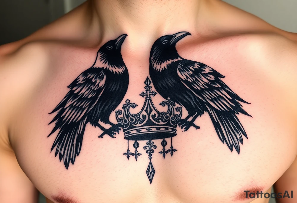 Chest tattoo, two ravens and icelandic symbols, dark brest tattoo, crown tattoo idea