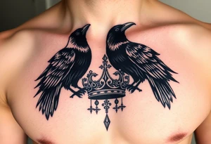 Chest tattoo, two ravens and icelandic symbols, dark brest tattoo, crown tattoo idea