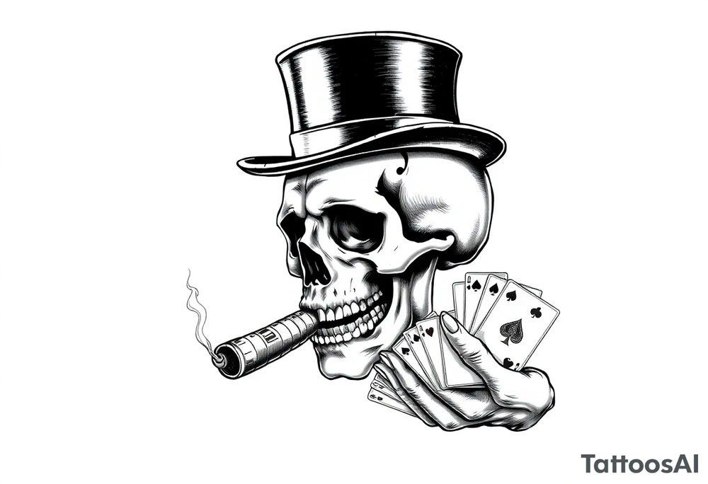 a skull with mustache, a big cigar in his mouth,top-hat on his head and playing cards in a hand. tattoo idea