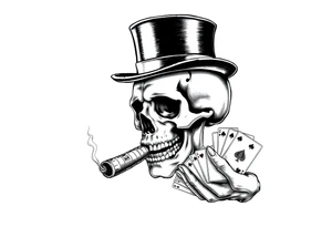 a skull with mustache, a big cigar in his mouth,top-hat on his head and playing cards in a hand. tattoo idea