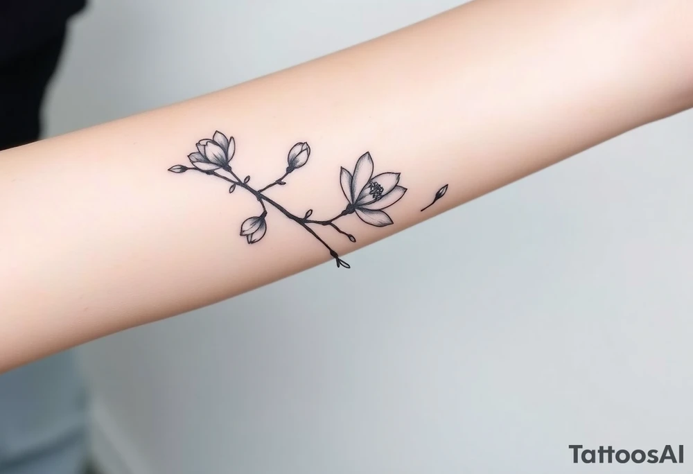 Long branch with magnolia flowers, in different blossom stages with botanical details, lines and dots tattoo idea