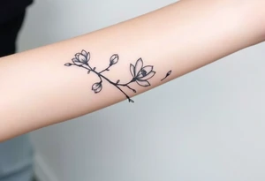 Long branch with magnolia flowers, in different blossom stages with botanical details, lines and dots tattoo idea