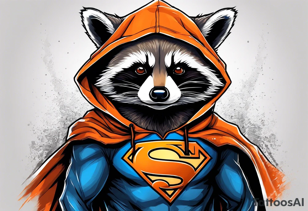 Raccoon wearing an orange Superman hoodie tattoo idea