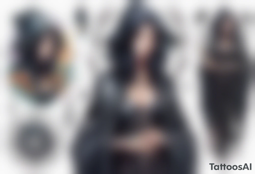 a beautiful sorceress with black hair dressed in a black cloak tattoo idea
