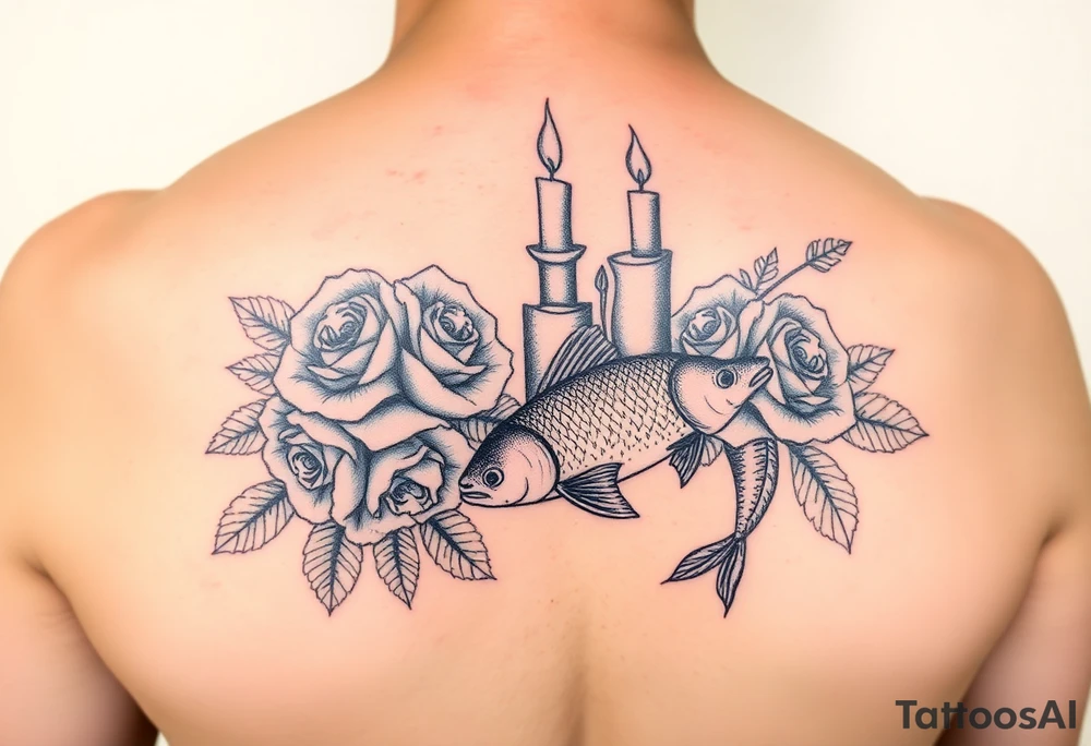 Blue roses and candles, water, fish tattoo idea