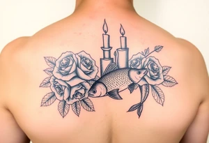 Blue roses and candles, water, fish tattoo idea