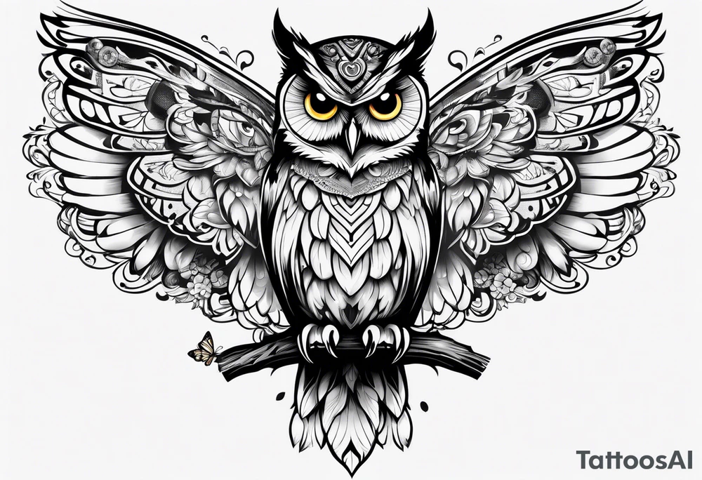 Owl with butterfly body tattoo idea