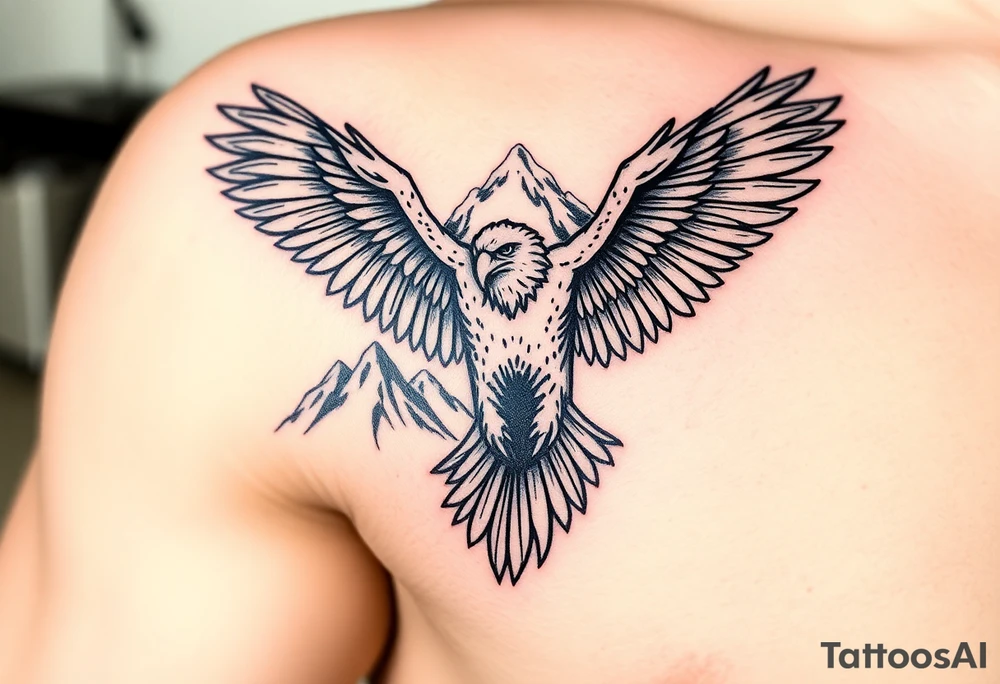 majestic eagle spreading wings against mountain peaks tattoo idea