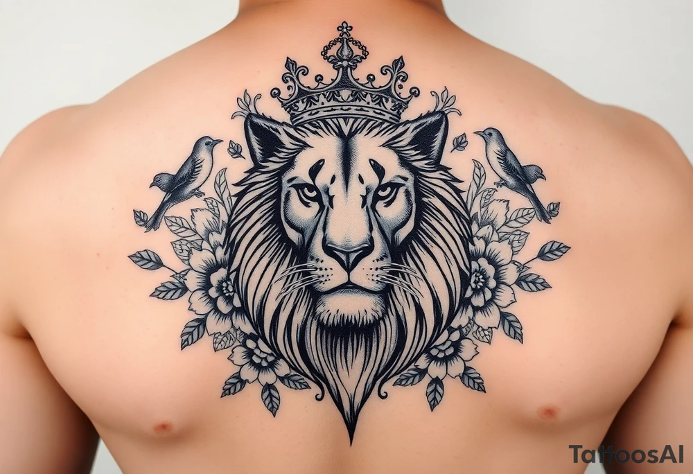 powerful majestic lion with a crown, surrounded by floral ornaments and birds tattoo idea