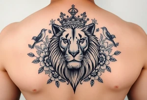 powerful majestic lion with a crown, surrounded by floral ornaments and birds tattoo idea