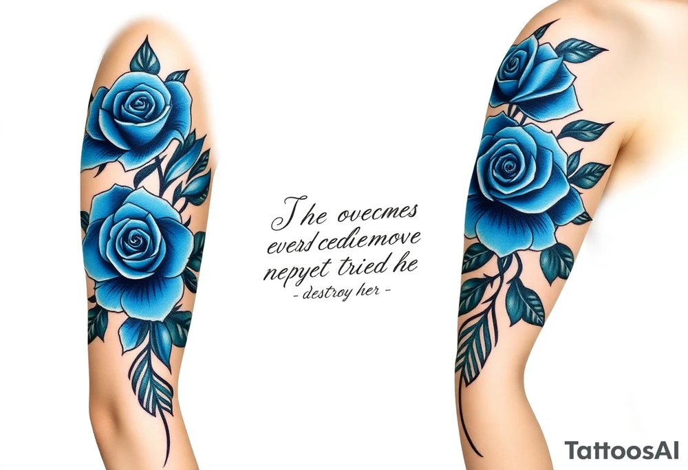 blue roses with the quote She overcame everything that tried to destroy her tattoo idea