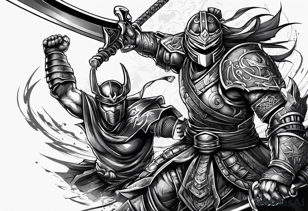Robot ninja warrior fighting a gladiator on forearm tattoo idea