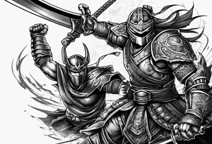 Robot ninja warrior fighting a gladiator on forearm tattoo idea