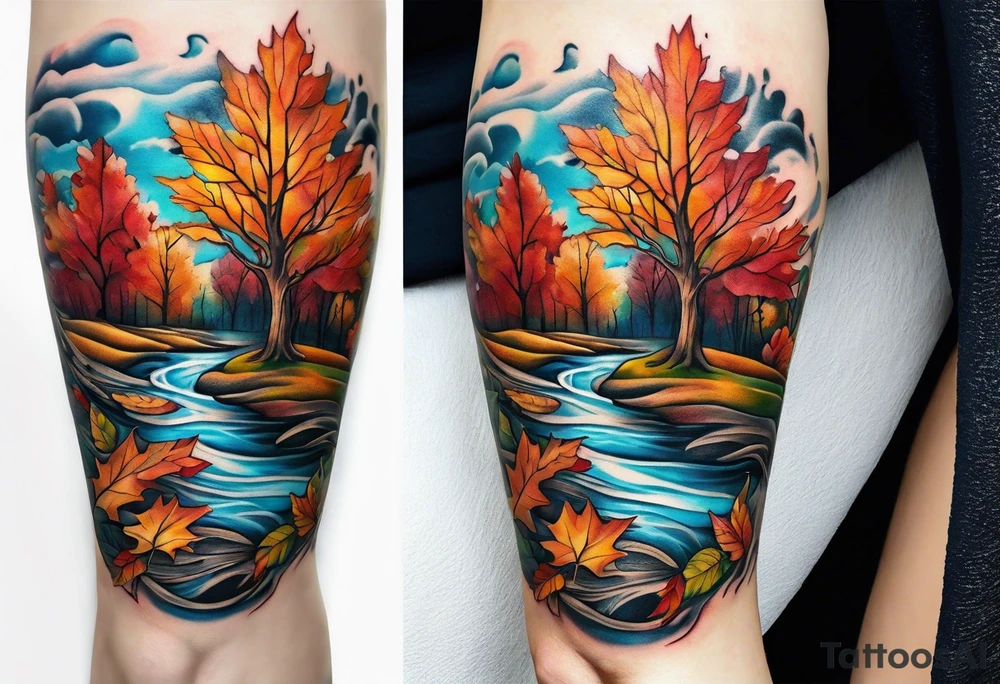 Knee tattoo with fall colors showing leaves, water flow and sky tattoo idea