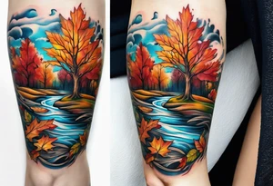 Knee tattoo with fall colors showing leaves, water flow and sky tattoo idea