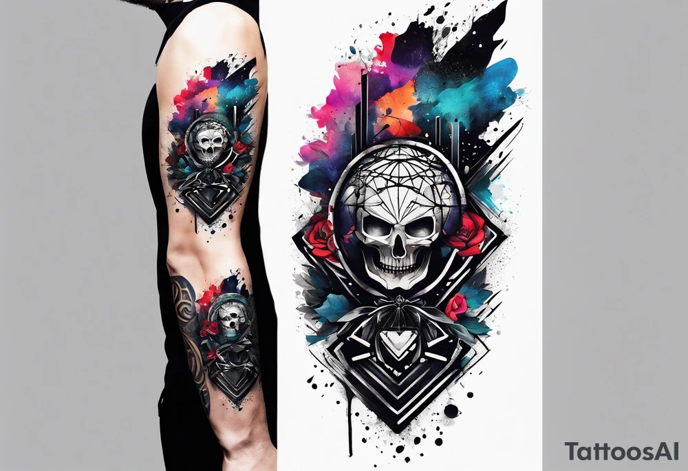 large forearm tattoo with lines, splatters, circles. more negative space tattoo idea