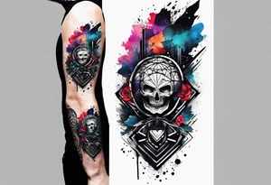 large forearm tattoo with lines, splatters, circles.  more negative space tattoo idea