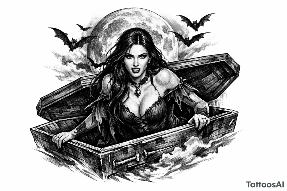 female vampire,bats,full moon,a coffin. tattoo idea
