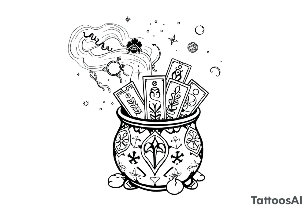 Milky way galaxy filled with zodiac symbols runes tarot cards coming out of a cauldron tattoo idea