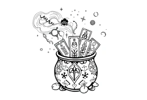 Milky way galaxy filled with zodiac symbols runes tarot cards coming out of a cauldron tattoo idea