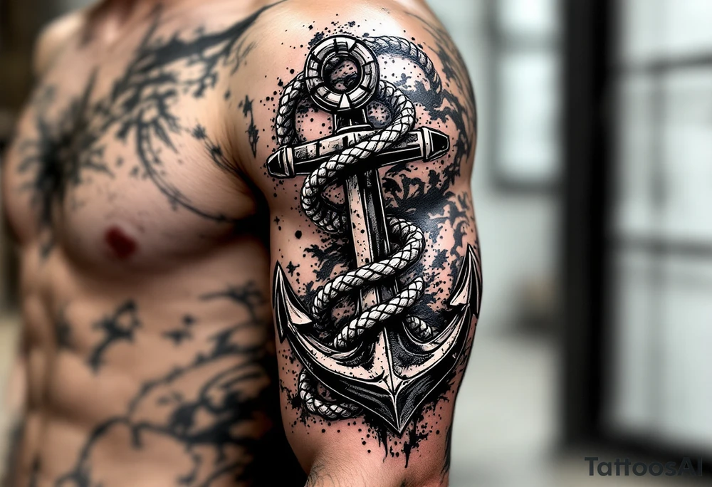 weathered anchor wrapped in nautical rope with sea waves tattoo idea