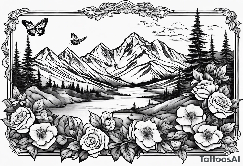 Rocky mountain peak with mountain blue birds and monarch butterflies with wild prairie roses for a half sleeve tattoo idea