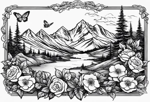 Rocky mountain peak with mountain blue birds and monarch butterflies with wild prairie roses for a half sleeve tattoo idea