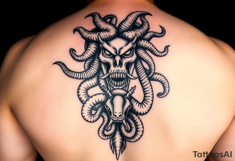 Vertical tattoo with Medusa head and coiled snakes with pirate ship with the kraken wrapped around it and poisiden at the bottom tattoo idea