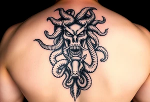 Vertical tattoo with Medusa head and coiled snakes with pirate ship with the kraken wrapped around it and poisiden at the bottom tattoo idea