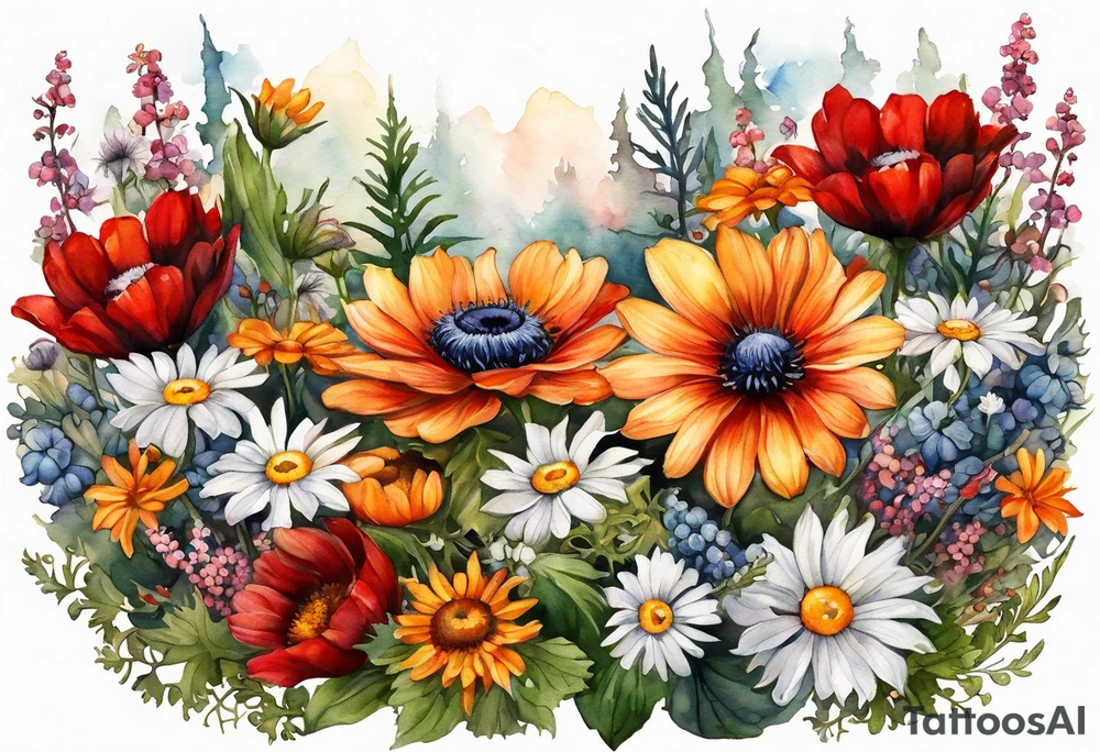 sideways oval of wildflowers cascading with thistles, ferns, white anemones, sun flowers, red flowers, black flowers, buttercups, orange flowers, babys breath and daisies all in watercolor tattoo idea