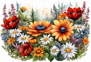 sideways oval of wildflowers cascading with thistles, ferns, white anemones, sun flowers, red flowers, black flowers, buttercups, orange flowers, babys breath and daisies all in watercolor tattoo idea