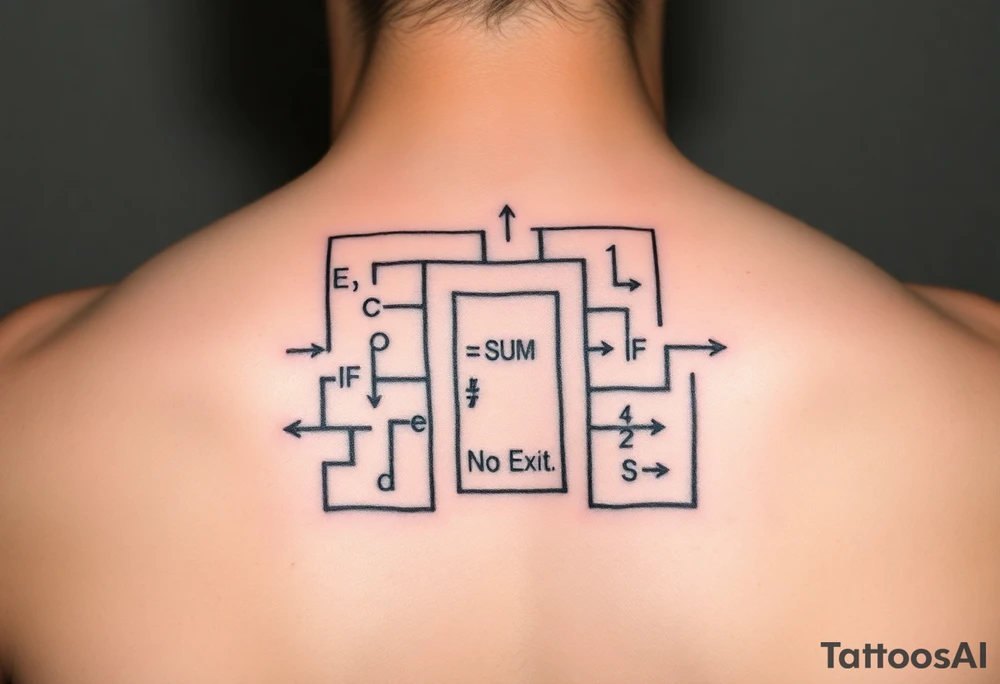 "Rat maze tattoo made of Excel formulas (=SUM, =IF). Exit door says 'No Exit' in Calibri font. Black ink, schematic style." tattoo idea