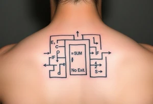 "Rat maze tattoo made of Excel formulas (=SUM, =IF). Exit door says 'No Exit' in Calibri font. Black ink, schematic style." tattoo idea