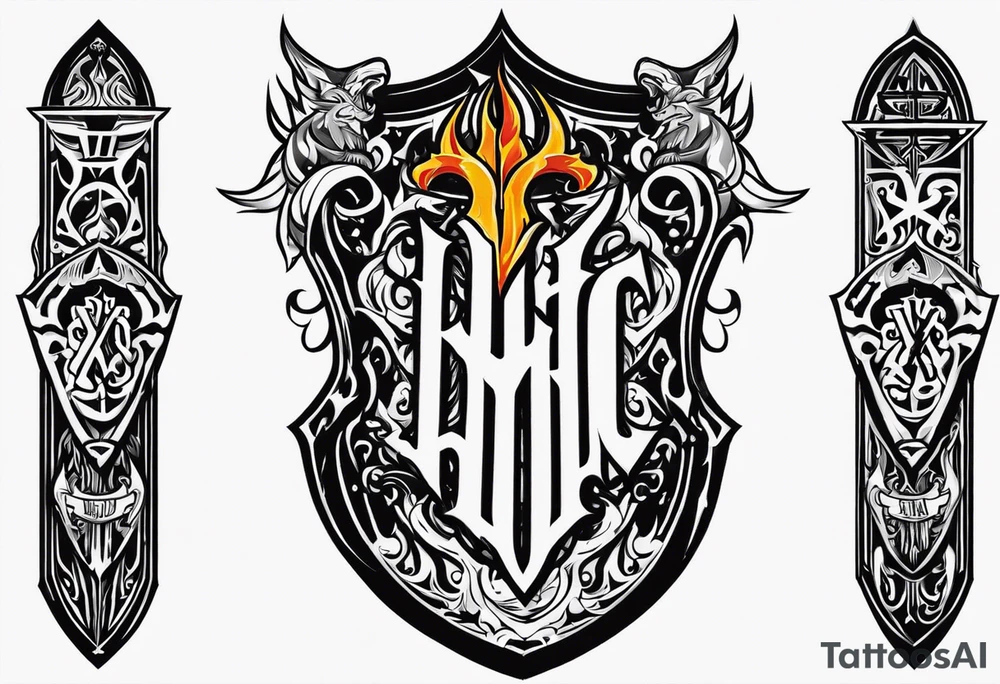 Valhalla flames shield sword tattoo idea