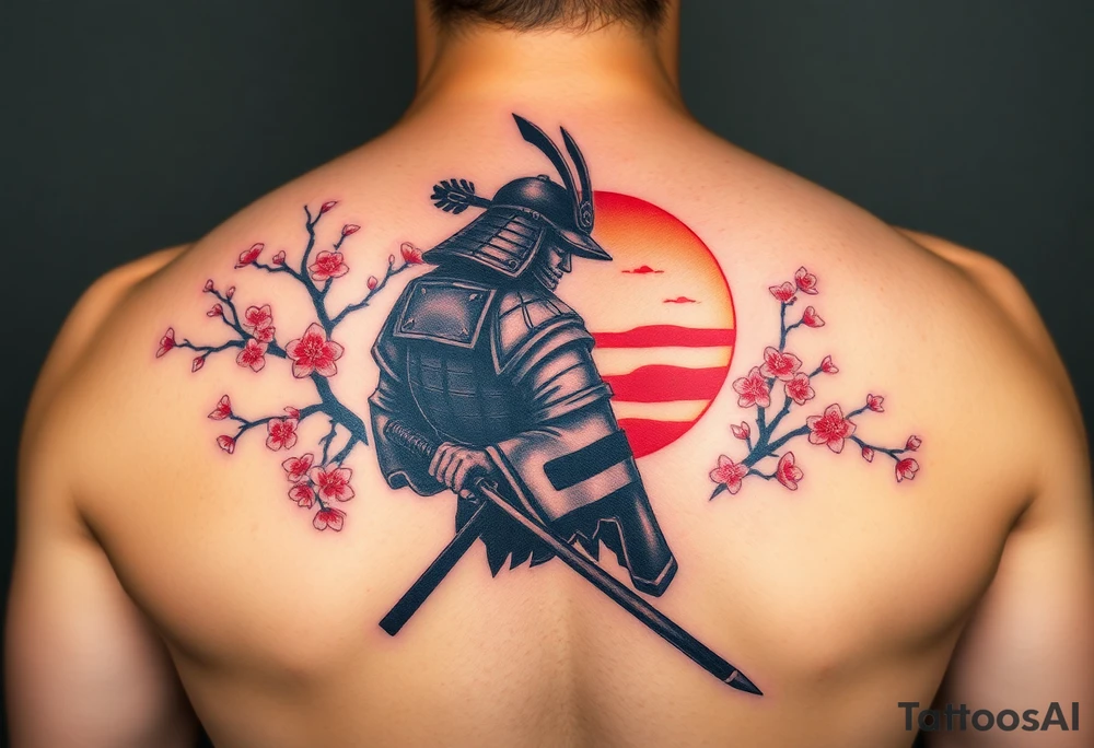 noble samurai warrior silhouette at sunset with cherry blossoms tattoo idea