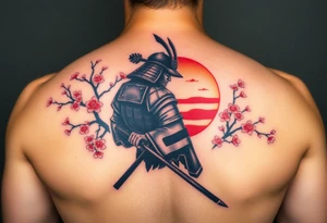 noble samurai warrior silhouette at sunset with cherry blossoms tattoo idea