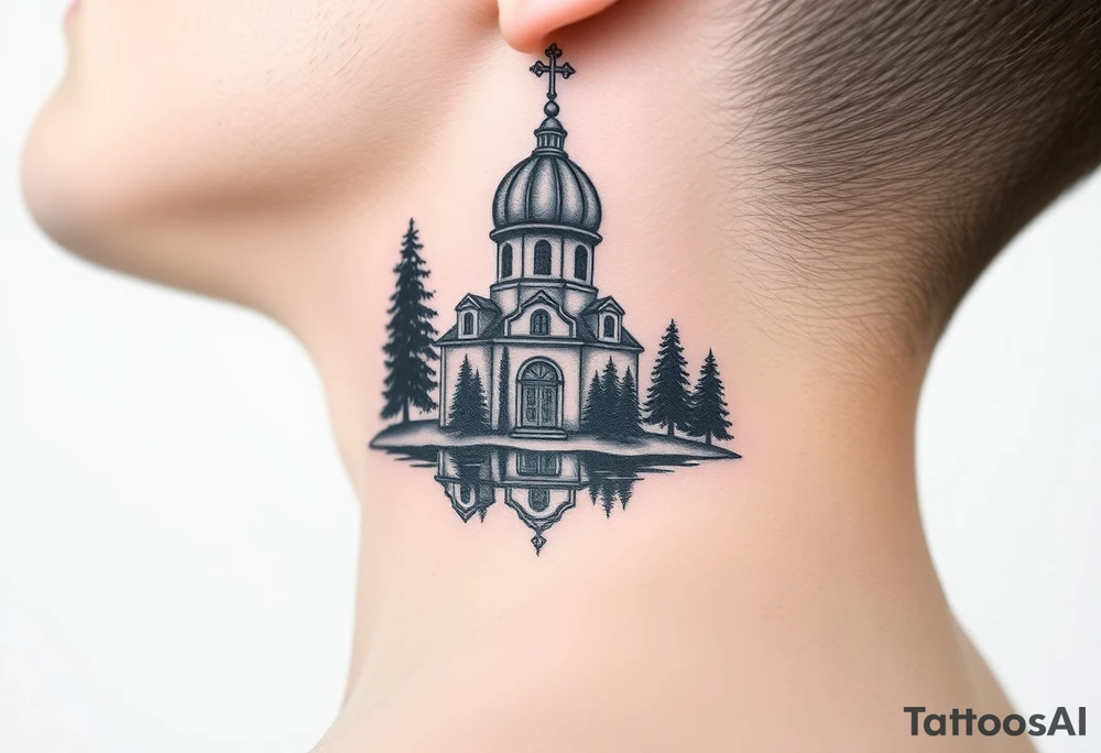 medium sized russian orthodox dome church with a separated virgin mary praying beside a lake and pine trees on the sized of my neck tattoo idea