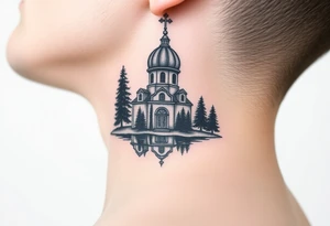 medium sized russian orthodox dome church with a separated virgin mary praying beside a lake and pine trees on the sized of my neck tattoo idea