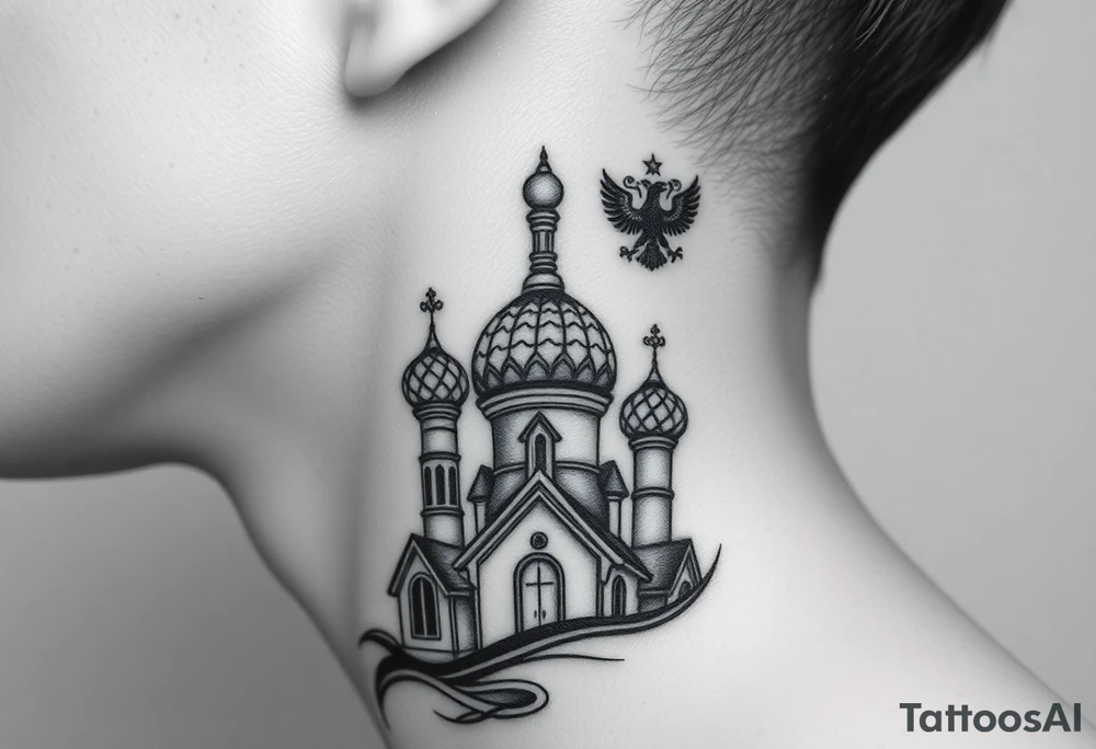 Flowing Scene

A onion domes orthodox church
Virgin Mary in prayer pose wrapping around the lower neck curve
A small double headed russian coat of arms eagle or just the star tucked above the dome near the hairline tattoo idea
