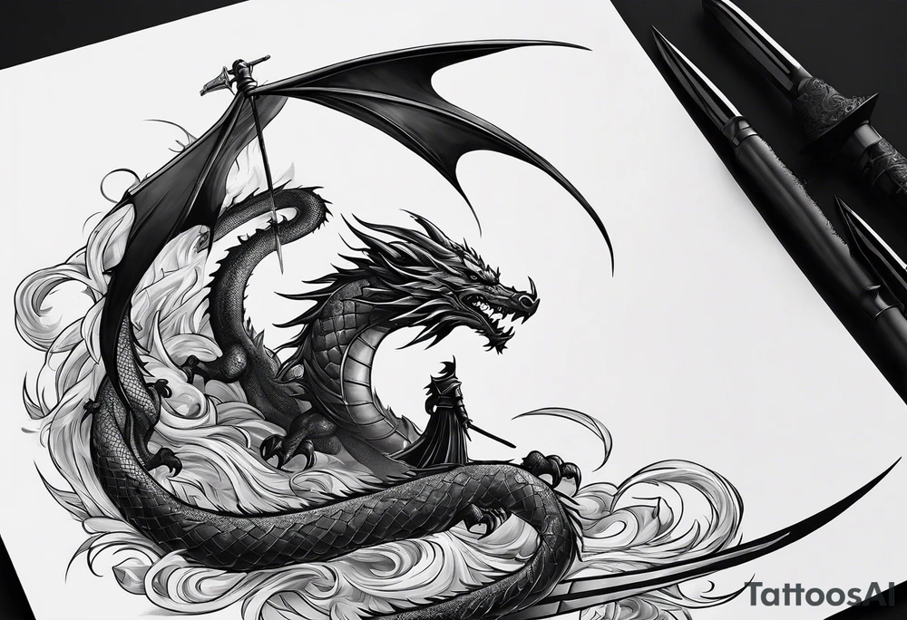 show me a tattoo design on back
where there is a sword and a dragon wrapped around it tattoo idea
