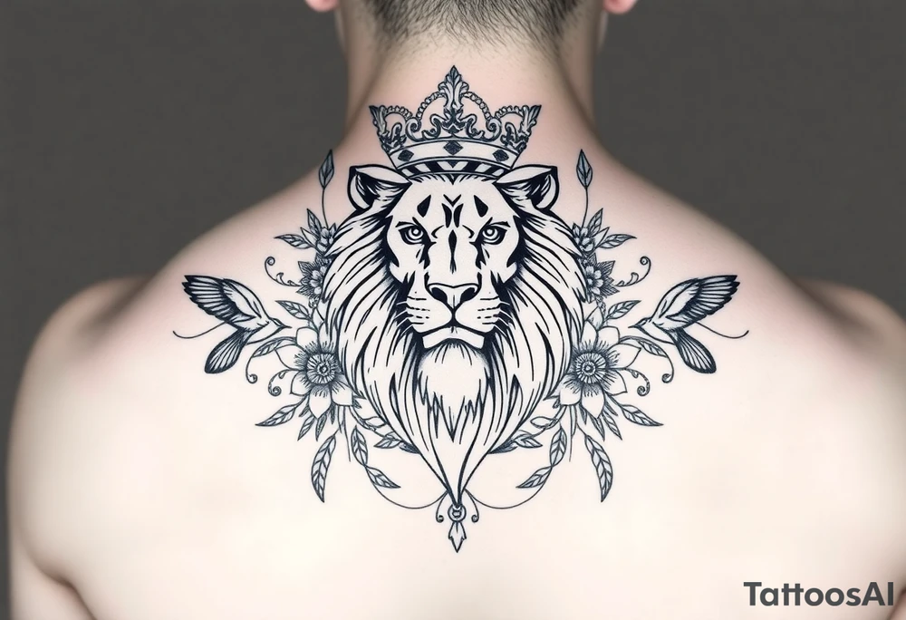 powerful majestic lion with a crown, surrounded by floral ornaments and birds tattoo idea