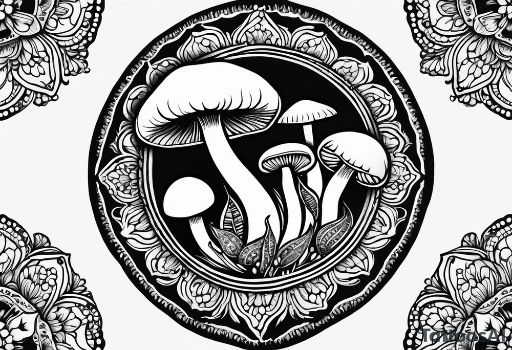 Large Shaggy cap mushroom dripping ink off cap with 4 smaller mushrooms around it mandala henna black tattoo design tattoo idea