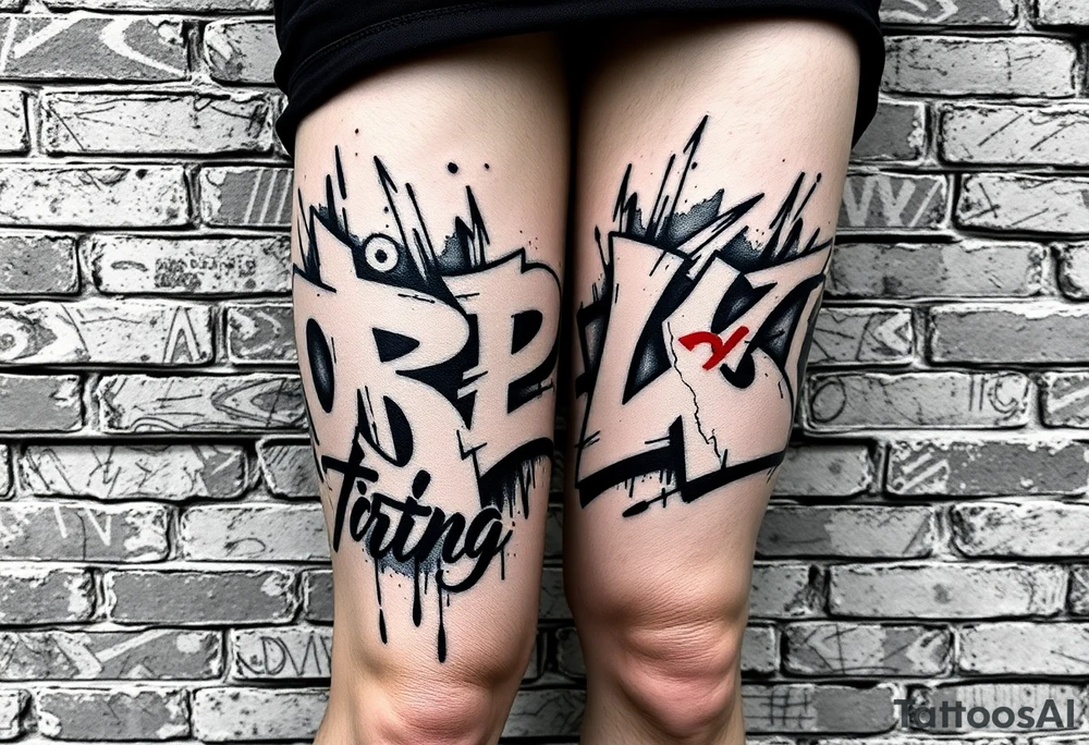 Graffiti style tattoo FULL thigh Using brick wall as a background and then graffiti Over the top, I do not want a lot of color so just primarily black white and gray with a little bit of red tattoo idea
